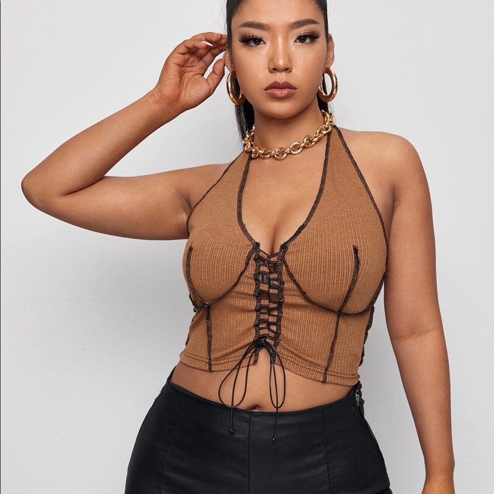 Brown lace up fairy crop top.